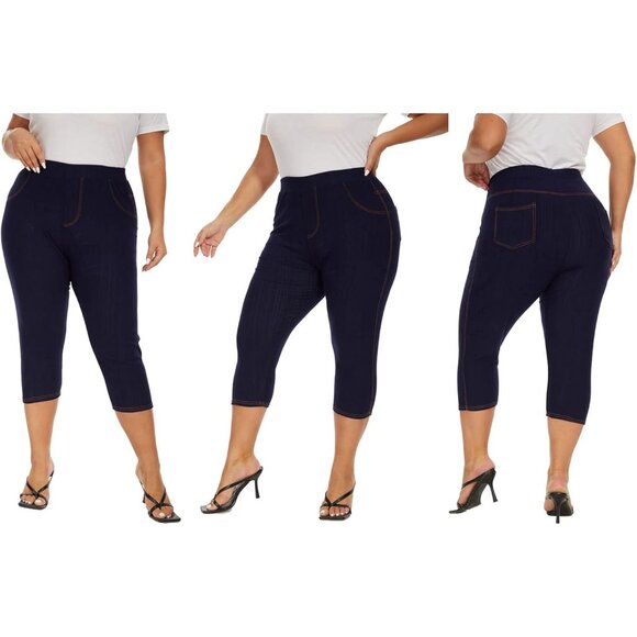 Plus Size Capri Jeggings Women High Waist Stretch Denim with Pockets - Picture 5 of 6